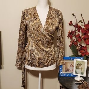 Talbots 100% Silk Brown Paisley Wrap Top